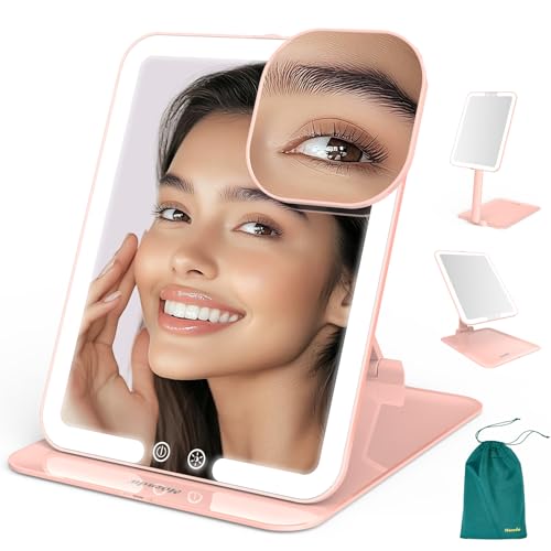 Mocado Travel Makeup Mirror with Light, Foldable Lighted Makeup Mirror | 7x5 Inches, 3 Colors Lighting, Height & Angle Adjustable, 0-100% Brightness, 2000mAh Rechargeable, Memory Function(Pink) - color: Pink, size: 7.5"L x 5"W