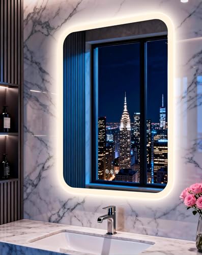 LUVODI Rectangular LED Bathroom Mirror: Smart Vanity Mirror 31.5x23.6 inch | Bluetooth Speakers Front-Lit Defogger Stepless Dimming 3 Color Lights Adjustable for Luxury Home Mirrored Decor Wall-Mounted - color: Rectangular-silver, size: 31.5"L x 23.6"W