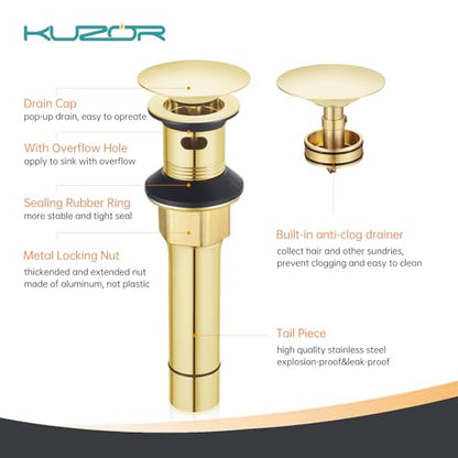 Brushed Gold Pop Up Bathroom Sink Drain with Overflow, 1 Pack | Bathroom sink stopper fits 1-5/8 to 2 in drain holes; 304 stainless steel for vanity and vessel sink drain - color: Gold, style: 1 PCS
