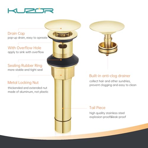 Brushed Gold Pop Up Bathroom Sink Drain with Overflow, 2 Pack | 2-pack bathroom sink stoppers fit 1-5/8 to 2 in drain holes; 304 stainless steel for vanity and vessel sink drains - color: Gold, style: 2PCS