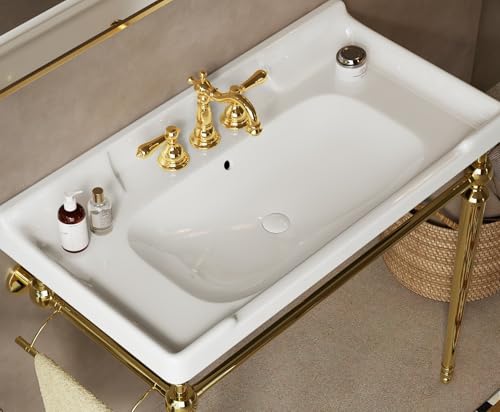 36" Bathroom Console Sink, VICI Wall Mounted Ceramic Basin with 3 Faucet Holes, Vanity Sink with Overflow, Freestanding Stainless Steel Legs, Towel Bar, Modern Bathroom Sink, White Top+Gold Leg - color: White,gold, size: 36''+White Top+Gold Leg