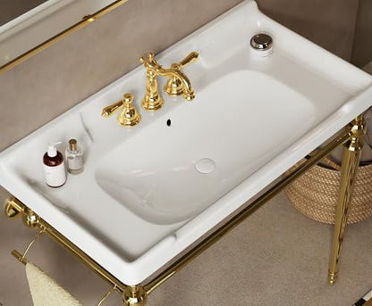 36" Bathroom Console Sink, VICI Wall Mounted Ceramic Basin with 3 Faucet Holes, Vanity Sink with Overflow, Freestanding Stainless Steel Legs, Towel Bar, Modern Bathroom Sink, White Top+Gold Leg - color: White,gold, size: 36''+White Top+Gold Leg