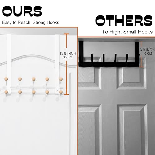 2 Pack Over The Door Hooks(13.8" H) with 10 Wooden Knobs, Over Door Hanger, Heavy Duty No Drill Hanger for Towels, Coats, Hats, Bags in Bathroom, Bedroom, Kitchen, Living Room - color: White(2 Pack 13.8")