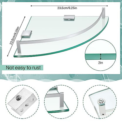 Gejoy Glass 2 Pack Corner Shower Shelf, Bathroom Corner Shelves Wall Mounted with Tempered Glass and Rustproof Brackets, Floating Shower Organizer for Shampoo, Soap and Bath Accessories, 9.25 Inch