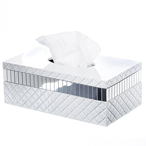 Creative Scents Quilted Mirror Rectangle Tissue Box Cover - White Tissue Box Holder Rectangular for Bathroom with Durable Bottom Slider - Tissue holders Decorative White Bathroom Accessories and Decor - style: Rectangle Tissue Box