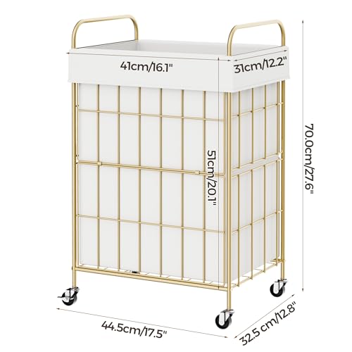 90L Laundry Hamper with Wheels, Laundry Basket with Handle and Liner Bag | Lockable Casters; Reinforced Frame; Breathable Fabric; Space-Efficient Design - color: Golden+White, size: 90L-1 Section