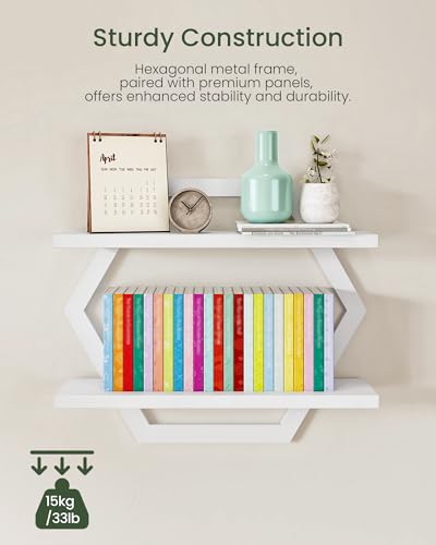 Hexagon Floating Shelves for Wall, Set of 2, 2 -Tier Hanging Shelves, Wall Mounted Storage Shelves, for Living Room, Bedroom, Kitchen, Home Office, Study, White TBJ06P2WB - color: White