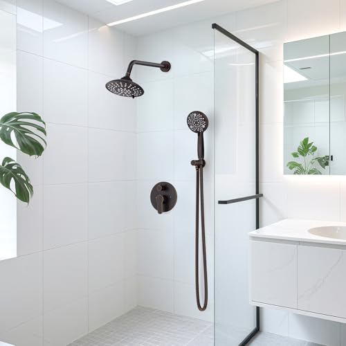 EMBATHER 8'' Shower System with Handheld Trim Kit, Oil Rubbed Bronze | 2-IN-1 Shower Faucet Set, 3-Mode Shower Head, 8-Setting Handheld Spray, Pressure-balanced Valve & Trim Kit - color: Oil Rubbed Bronze, size: 8 Inch