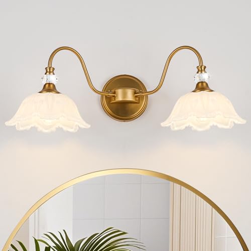 Vintage Bathroom Vanity Light, 2-Light Matte Brass Finish Vanity Light with Floral White Glass Shades, Retro Wall Sconce for Bathroom, Dressing Table - color: Brass and White, size: 2-Light