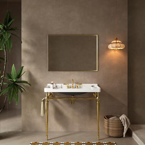 36" Bathroom Console Sink, VICI Wall Mounted Ceramic Basin with 3 Faucet Holes, Vanity Sink with Overflow, Freestanding Stainless Steel Legs, Towel Bar, Modern Bathroom Sink, White Top+Gold Leg - color: White,gold, size: 36''+White Top+Gold Leg