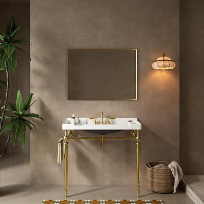 36" Bathroom Console Sink, VICI Wall Mounted Ceramic Basin with 3 Faucet Holes, Vanity Sink with Overflow, Freestanding Stainless Steel Legs, Towel Bar, Modern Bathroom Sink, White Top+Gold Leg - color: White,gold, size: 36''+White Top+Gold Leg