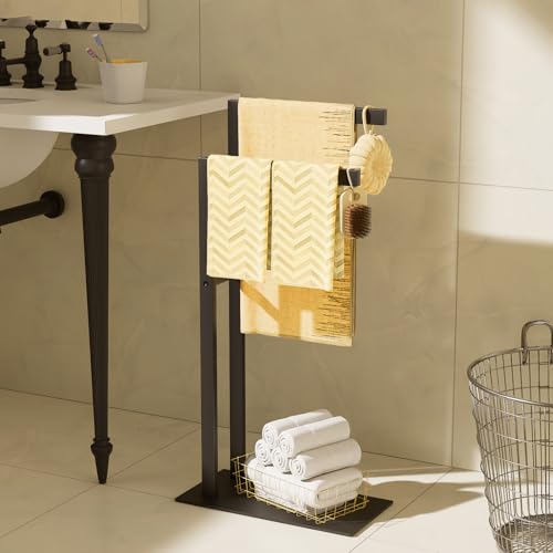 Yawinhe Free Standing Towel Rack,2 Tier Blanket Holder with Shelf,Black | Towel Drying Rack with Marble Base;Tall Towel Drying Rack Outdoor; Metal Towel Stand for Bathrooms;Hand Holder for Bathroom - color: Black