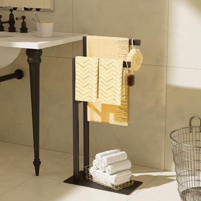 Yawinhe Free Standing Towel Rack,2 Tier Blanket Holder with Shelf,Black | Towel Drying Rack with Marble Base;Tall Towel Drying Rack Outdoor; Metal Towel Stand for Bathrooms;Hand Holder for Bathroom - color: Black