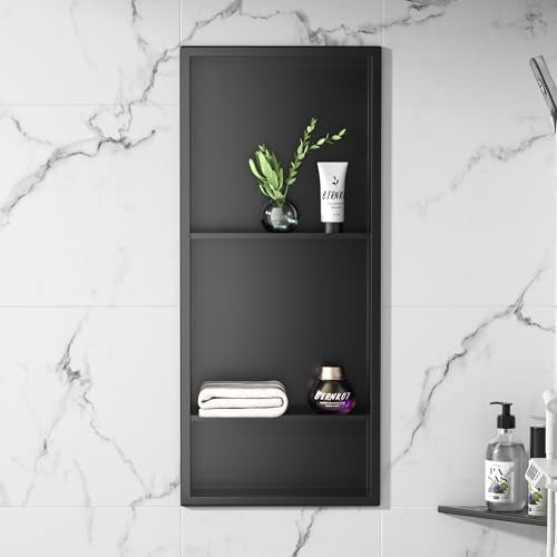 Stainless Steel Shower Niche Matte Black 30" X 12" W/ 3-Tier Shelf | Recessed shower niche no tile needed,space-saving,vertical niche, silver bathroom niche shower for shampoo & soap storage - color: Matte Black, size: 30"x 12"