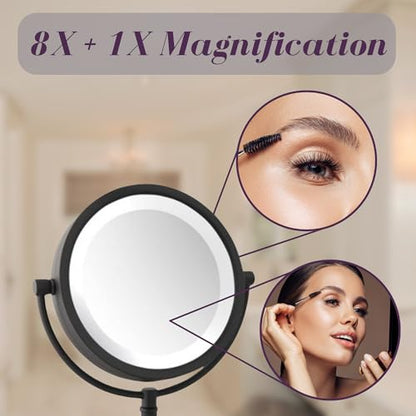 JERDON Lighted Makeup Mirror with 8X Magnification - Black - HL8808BKL | Two-Sided 1X View, 8.5" Round Frame, 16" Tall, LED Lighting - color: Black