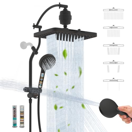 Hibbent Dual-Filtered 13" Showerhead & 10-Mode Handheld, Oil-Rubbed Bronze | High Pressure 5-Spray Showerhead, 4-way Diverter, Heightened All Metal Extension Arm, 3 Filter Cartridges, Easy Reach - color: Oil Rubbed Bronze, style: Square 13" with 2 filter