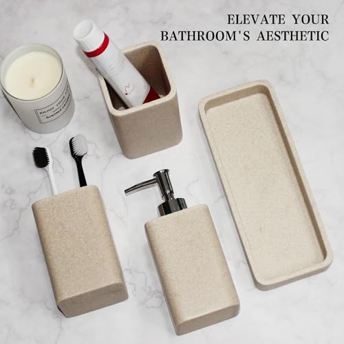 Bathroom Accessories Set, 4 Piece Toothbrush Holder Set - Sand Beige | Bathroom Accessory Set with Soap Dispenser, Toothbrush Holder, Tumbler, Vanity Tray, Bathroom Sink Set for Modern Home Decor - style: Beige