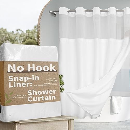 River Dream No Hook Shower Curtain with Snap-in Liner Set, White, 71x74 | Snap on Waterproof PEVA Liner, See Through Top Window, Slub Textured, Hotel Style Shower Curtain Set, Standard Size - color: White, size: 71"W x 74"L (Pack of 1)