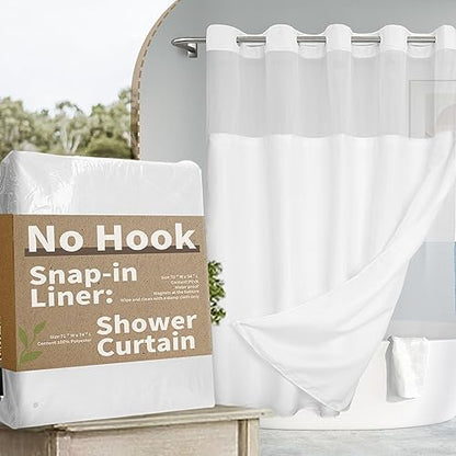 River Dream No Hook Shower Curtain with Snap-in Liner Set, White, 71x74 | Snap on Waterproof PEVA Liner, See Through Top Window, Slub Textured, Hotel Style Shower Curtain Set, Standard Size - color: White, size: 71"W x 74"L (Pack of 1)