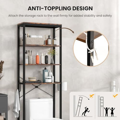 LOKO Bathroom Over The Toilet Storage Rack, 4-Tier Industrial Organizer Shelf with Toilet Paper Holder & Hook, Multifunctional Freestanding Space Saver Plant Stand for Laundry Balcony, Rustic Brown