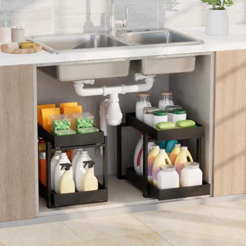 APRTAT 2 Pack Bamboo Under Sink Organizer, 2-Tier Pull Out Storage Drawers | Smooth pull-out drawers keep cleaners and tall bottles visible, organized and easy to reach in kitchen or bathroom cabinets - color: Black, size: 2 Pack