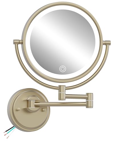 10" Brass Wall Mount Magnifying Mirror with Lights Gold | HardWired, 2 Sided LED 3 Color Touch Dimming Extended Arm 360 Rotation Retractable Cosmetic for Bathroom, Satin Brushed Gold - color: Satin Brushed Gold
