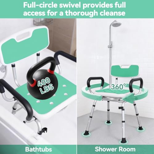 Swivel Shower Chair for Inside Shower, 400 lbs, Adjustable Height | Heavy Duty Non-Slip Shower Stool, Bath Seat with Removable Back and Arms, Safety Shower Stool for Seniors and Disabled - color: Light Green