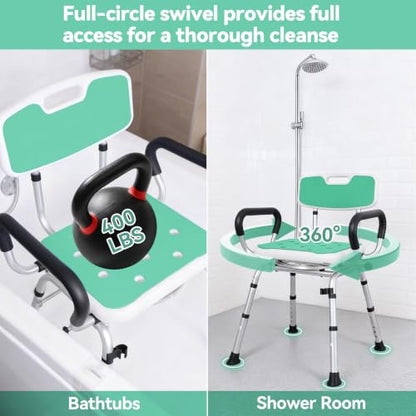 Swivel Shower Chair for Inside Shower, 400 lbs, Adjustable Height | Heavy Duty Non-Slip Shower Stool, Bath Seat with Removable Back and Arms, Safety Shower Stool for Seniors and Disabled - color: Light Green