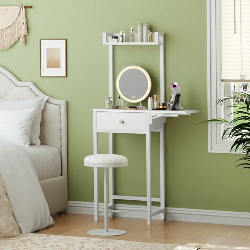 Small Vanity Desk Without Mirror, Makeup Vanity Table for Small Space, Compact White Dressing Table with Fold-up Panel and Fabric Drawer, for Bedroom, Easy Assembly, White
