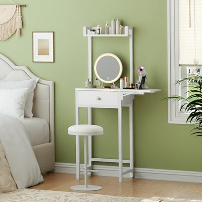 Small Vanity Desk Without Mirror, Makeup Vanity Table for Small Space, Compact White Dressing Table with Fold-up Panel and Fabric Drawer, for Bedroom, Easy Assembly, White