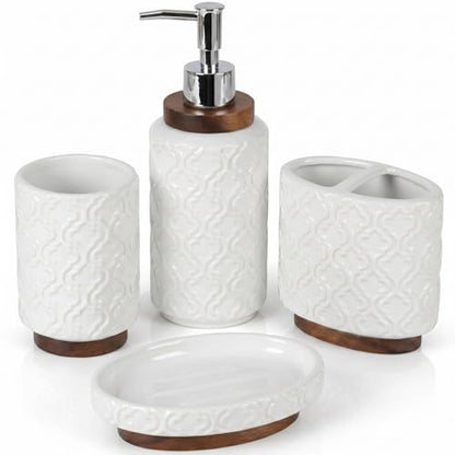 RQYIXI Ceramic 4-Piece Bathroom Accessories Set,White | Countertop Essentials Embossed Textured Design Solid Wood Non-Slip Detail Pearl White Finish - color: White, size: Embossed Textured-4-Piece