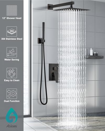 Aolemi Shower System with Rain Head and Handheld,12-Inch,Bronze | High-Pressure Shower Faucet Set with Dual-Function Handheld,Rough-In Valve,1.8 GPM,Wall-Mount Trim Kit - color: Bronze, size: 12 Inch