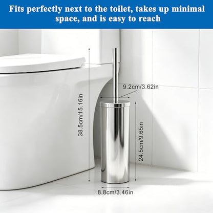 Heavy Duty Stainless Steel Toilet Brush Set with Holder(2 Brush Heads) – Rustproof Toilet Bowl Brush, Compact Cylinder Base, Extra Long Handle for Deep Cleaning, Silver - color: Silver