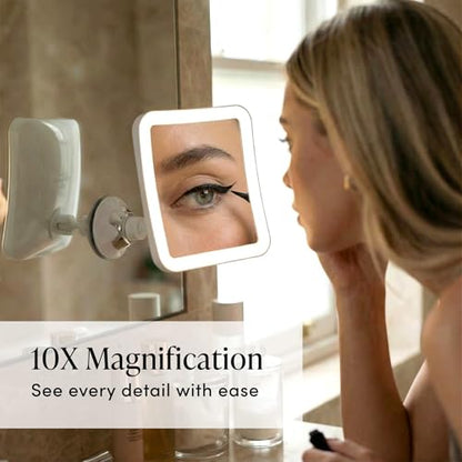 Fancii 10X Magnifying Lighted Makeup Mirror - Daylight LED Vanity Mirror - Compact, Cordless, Locking Suction, 6.5" Wide, 360 Rotation, Portable Illuminated Bathroom Mirror (Square)