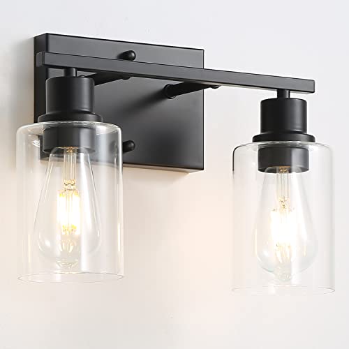 Bathroom Vanity Light Fixtures, 2-Light Matte Black Bathroom Lights, Wall Sconces with Clear Glass Shade for Hallway Farmhouse Bedroom Living Room - color: Black 2-Light