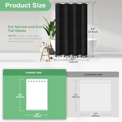 Stall Shower Curtain and Liner Set - 60 x 84 inch Long Boho Shower Curtain and Waterproof Clear Liner, Tufted Geometric Striped Tassel Shower Curtains for Bathroom, 10 Hooks, 60x84, Black - color: Black, size: 60"W x 84"L (Pack of 1)