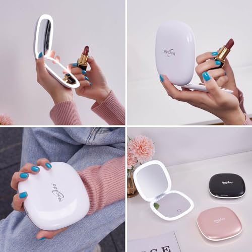Mocado Compact LED Magnifying Travel Makeup-Mirror - 4 inches 1X/10X Magnification Small Hand Pocket Dimmable Double Sided USB Rechargeable Touch Screen, Portable Tabletop Cosmetic (White) | Double Sides Lighted, 3 Colors Lighting, 0-100% Brightness, Diam