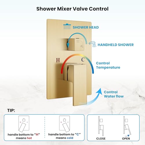 gotonovo Rainfall Bathroom Shower System Rain Shower Head and Handle Set Wall Mounted Shower Complete Combo Solid Brass Pressure Balancing Shower Mixer Valve 12 Inch Brushed Gold - color: Brushed Gold, size: 12 Inch