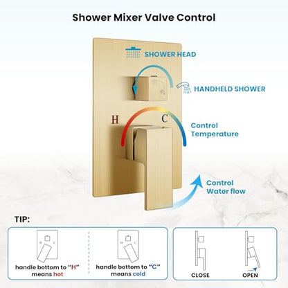 gotonovo Rainfall Bathroom Shower System Rain Shower Head and Handle Set Wall Mounted Shower Complete Combo Solid Brass Pressure Balancing Shower Mixer Valve 10 Inch Brushed Gold - color: Brushed Gold, size: 10 Inch
