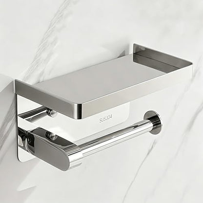 304 Stainless Steel Brushed Nickel Toilet Paper Holders with Shelf,Wall Mount Dual Installation,Self Adhesive Peel and Stick No Drill/Screw In Tissue Roll Holder,Silver Metal TP Holder for Bathroom RV