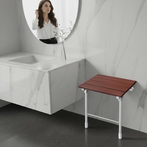 Wall Mounted Folding Shower Chair Heavy Duty Bath Seat Bathroom Safety Stool Space Saving Fold Down Shower Bench Wooden Stainless Steel Support 352lbs Anti Slip Bathroom Seat For Elderly Disabled 14.9
