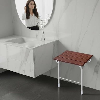 Wall Mounted Folding Shower Chair Heavy Duty Bath Seat Bathroom Safety Stool Space Saving Fold Down Shower Bench Wooden Stainless Steel Support 352lbs Anti Slip Bathroom Seat For Elderly Disabled 14.9