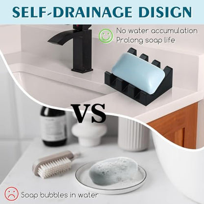 Silicone Soap Dish Self Draining with Suction Cups (Black, 1 Pack) | Waterfall drainage design drains fast to keep soap dry silicone soap saver with reusable suction cups for bathroom & kitchen - color: Black, size: 1