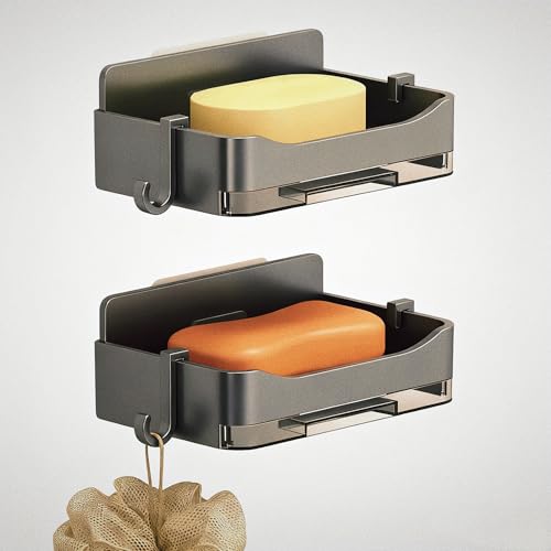 Wall Mounted Soap Holder for Shower, No Drilling Soap Dish with Hooks, Self-Draining Bar Soap Holder Keeps Dry, Removable Shower Soap Holder for Bathroom, Bathtub, Kitchen,Adhesive Included