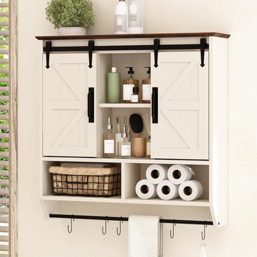 RUSTOWN Farmhouse Bathroom Wall Storage Cabinet with Sliding Barn Doors | 3-Tier, Rustic Wood Wall Mounted Cabinets, Vintage Medicine Cabinet, Adjustable Shelves, Over The Toilet Storage Cabinet - color: White