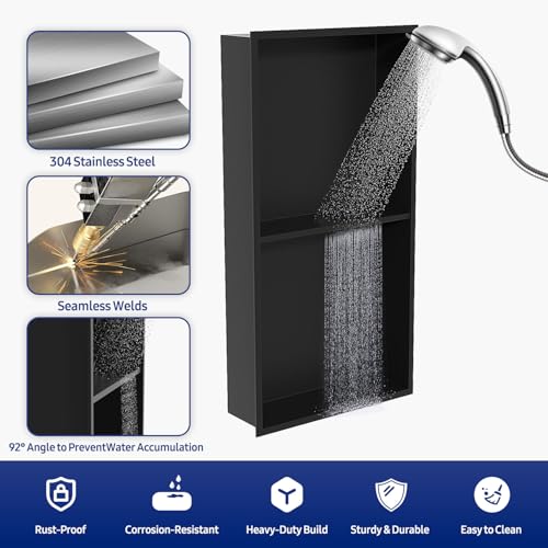 NLShan Shower Niche No Tile Needed: Recessed and Stainless Steel Wall Niche with Double Shelves - Easy Installation for Shower Storage