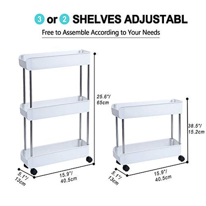 3-Tier Slim Mobile Shelving Unit on Wheels, Slide Out Rolling Bathroom Storage Organizer, Utility Carts Shelf Rack for Kitchen Bathroom Laundry Room Narrow Places, White - color: White - 3 Tier