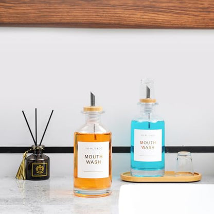 11.8OZ Glass Mouthwash Dispenser, Set of 2, Clear | Stainless Steel & Bamboo Nozzle, Reusable Mouthwash Cup, Bamboo Tray, Elegant Gold Sticker - color: Clear/350*2