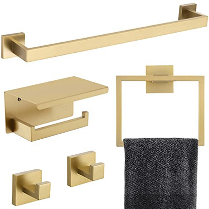5-Piece Bathroom Hardware Set 23.6 Inch Gold Towel Bar Set Towel Bar Towel Ring Coat Hook and Toilet Paper Holder with Shelf Wall Mounted Stainless Steel Bathroom Accessories Set - color: Gold