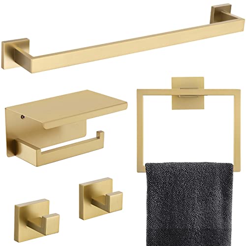 5-Piece Bathroom Hardware Set 23.6 Inch Gold Towel Bar Set Towel Bar Towel Ring Coat Hook and Toilet Paper Holder with Shelf Wall Mounted Stainless Steel Bathroom Accessories Set - color: Gold